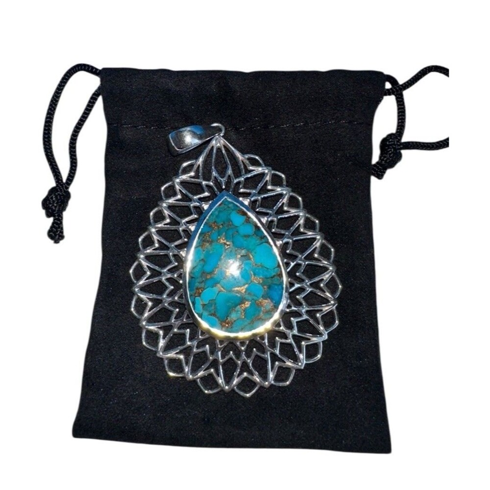 925 Sterling Silver Turquoise Teardrop Pendant India Filigree Himalayan Gems